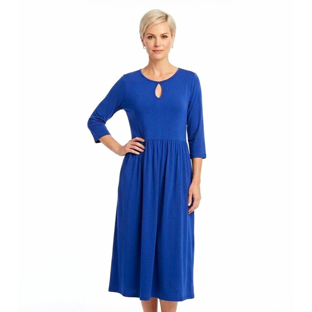 Loralette Womens Blue Keyhole A-Line Midi Dress Pockets Knit Pullover Sz 16 Boho